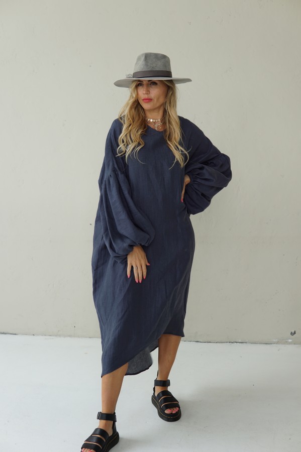 LOOSE SILHOUETTE GREY LINEN DRESS
