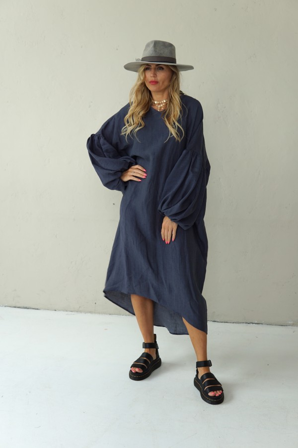 LOOSE SILHOUETTE GREY LINEN DRESS