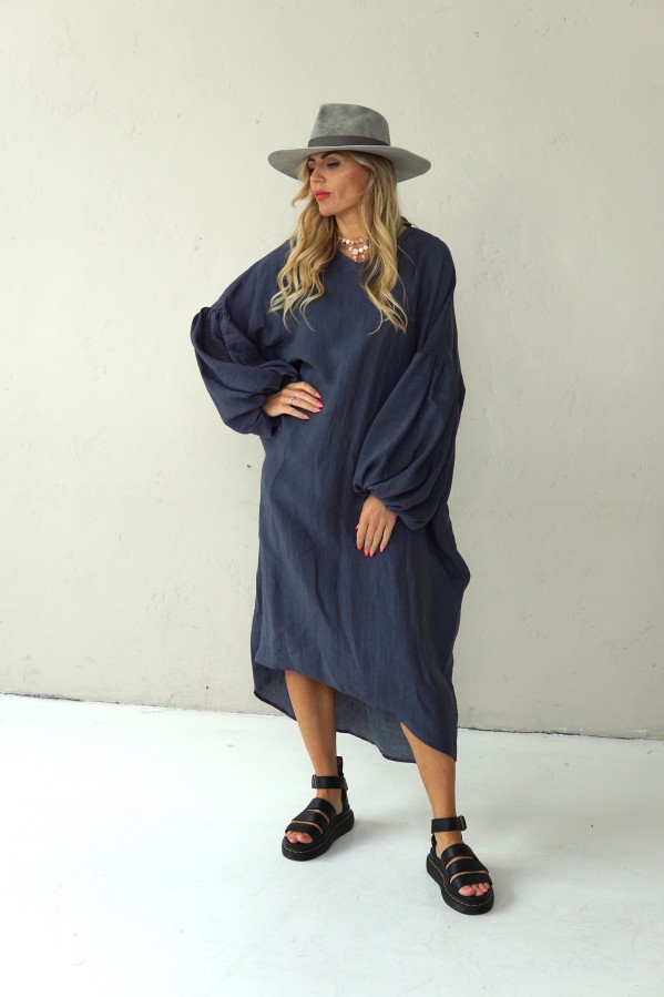 LOOSE SILHOUETTE GREY LINEN DRESS