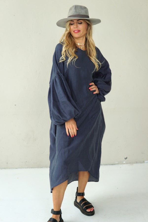 LOOSE SILHOUETTE GREY LINEN DRESS
