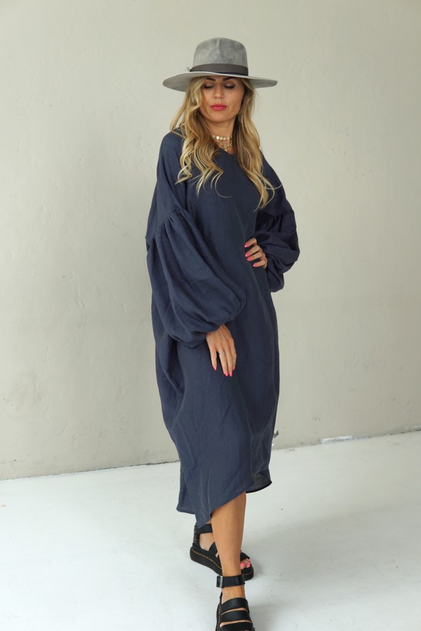 LOOSE SILHOUETTE GREY LINEN DRESS