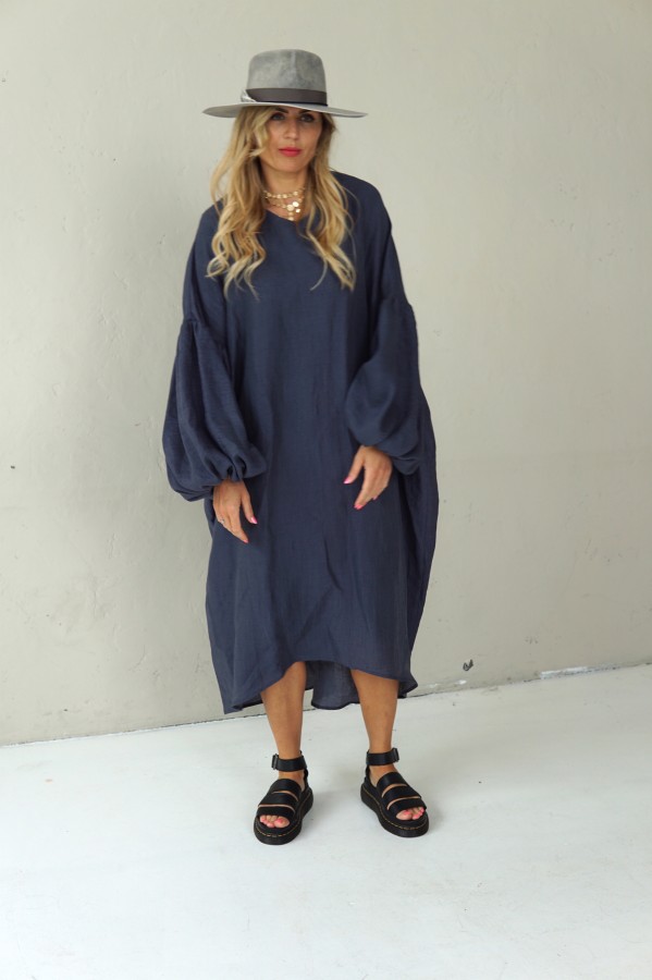 LOOSE SILHOUETTE GREY LINEN DRESS