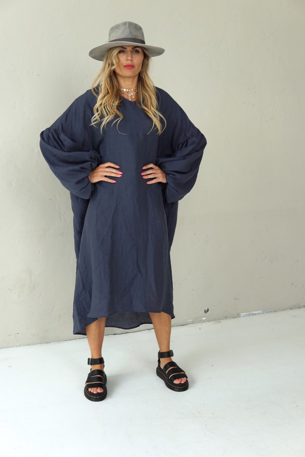 LOOSE SILHOUETTE GREY LINEN DRESS