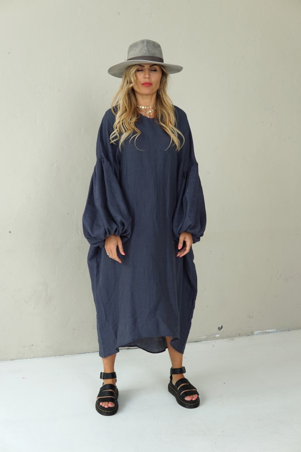 LOOSE SILHOUETTE GREY LINEN DRESS