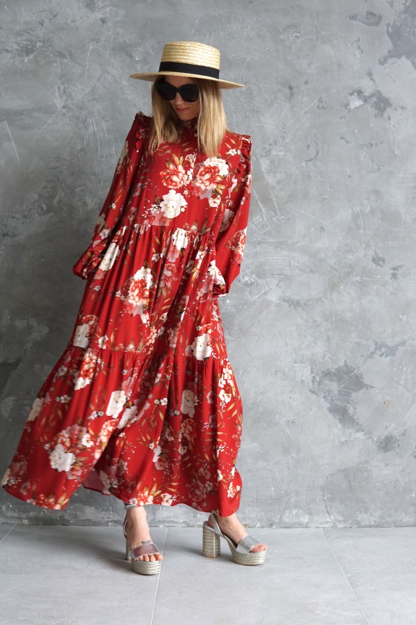 long flowery red dress