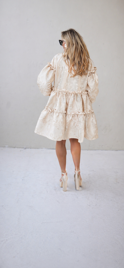 White Jacquard Designer Dress – Luxury Puff Sleeve Knee Length Dress, Contemporary Slow Fashion Piece, Handmade in Europe