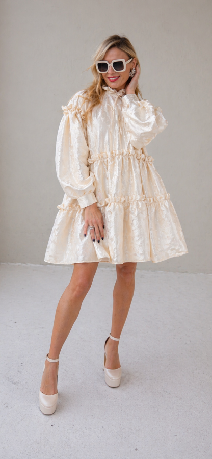 White Jacquard Designer Dress – Luxury Puff Sleeve Knee Length Dress, Contemporary Slow Fashion Piece, Handmade in Europe