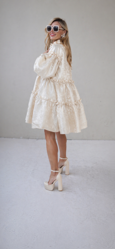 White Jacquard Designer Dress – Luxury Puff Sleeve Knee Length Dress, Contemporary Slow Fashion Piece, Handmade in Europe