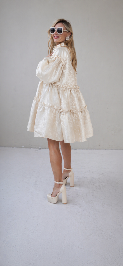 White Jacquard Designer Dress – Luxury Puff Sleeve Knee Length Dress, Contemporary Slow Fashion Piece, Handmade in Europe